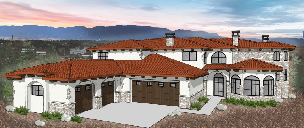 Custom Mediterranean-style home front render with clay tile roof