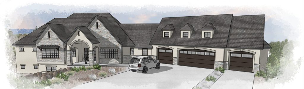 Custom craftsman-style home front render with three-car garage