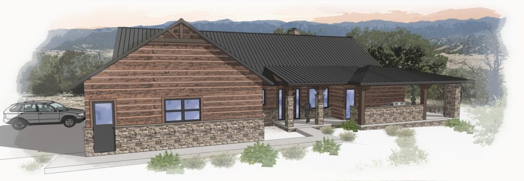 Custom rustic wood-and-stone home front render