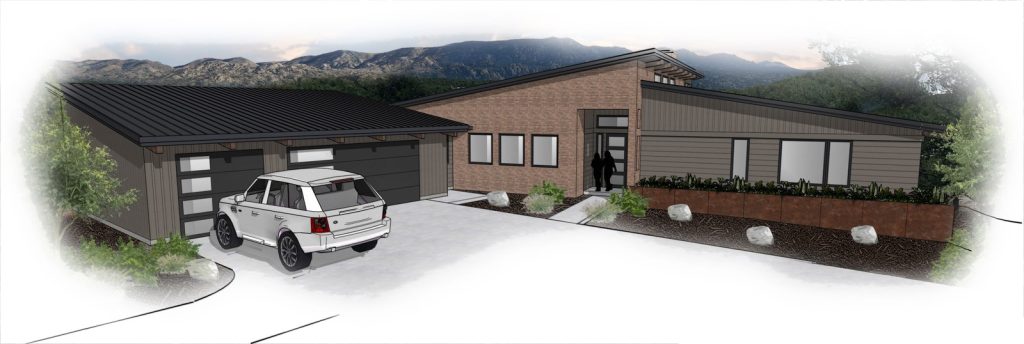 Modern custom home front render with attached carport