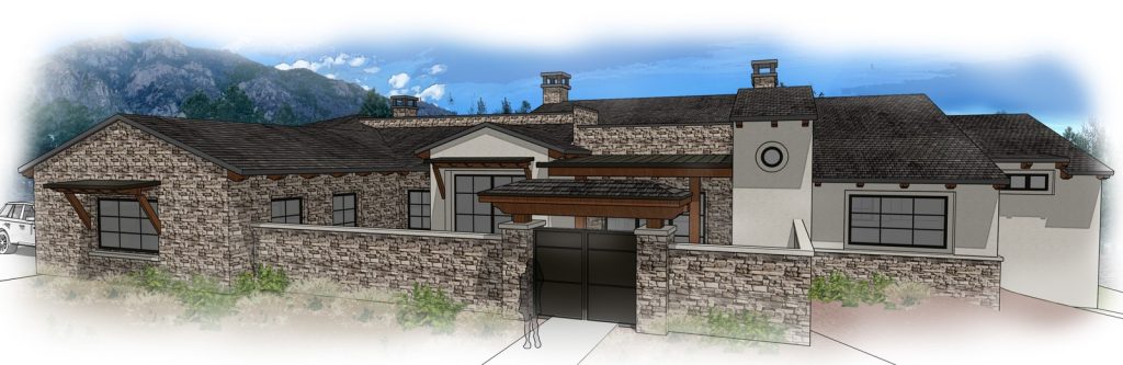 Custom stone-clad home front render