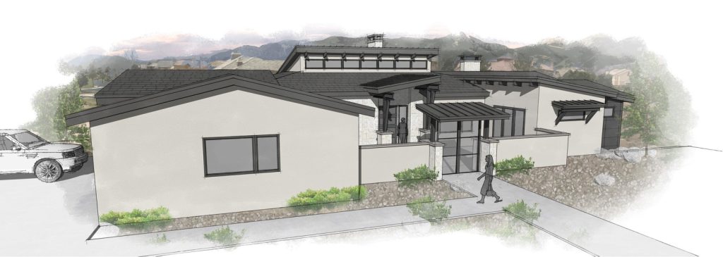 Modern custom home front render with white stucco