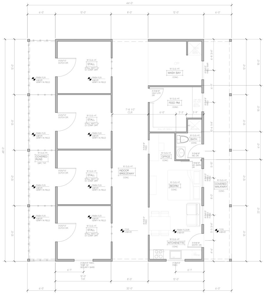 Custom barn floor plan with horse stalls, wash bay, and living quarters