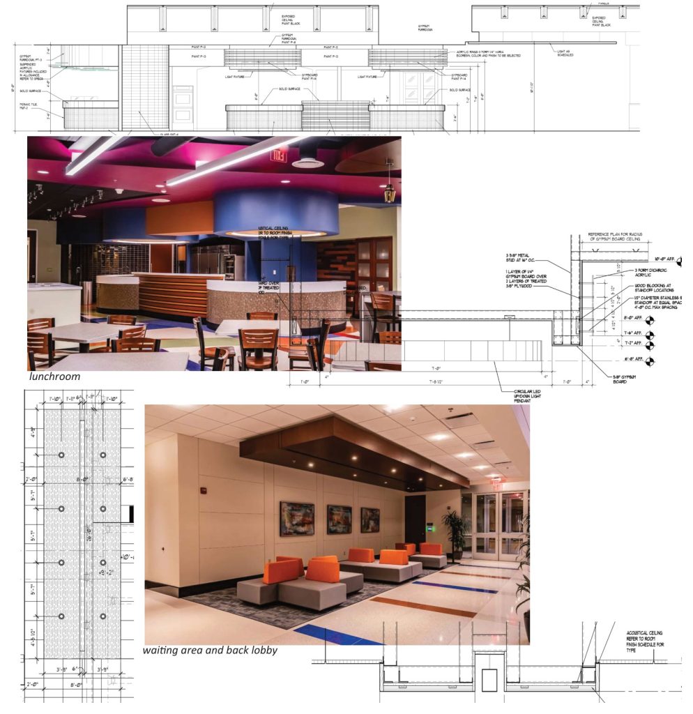 Commercial interior drafting work, lunchroom and lobby