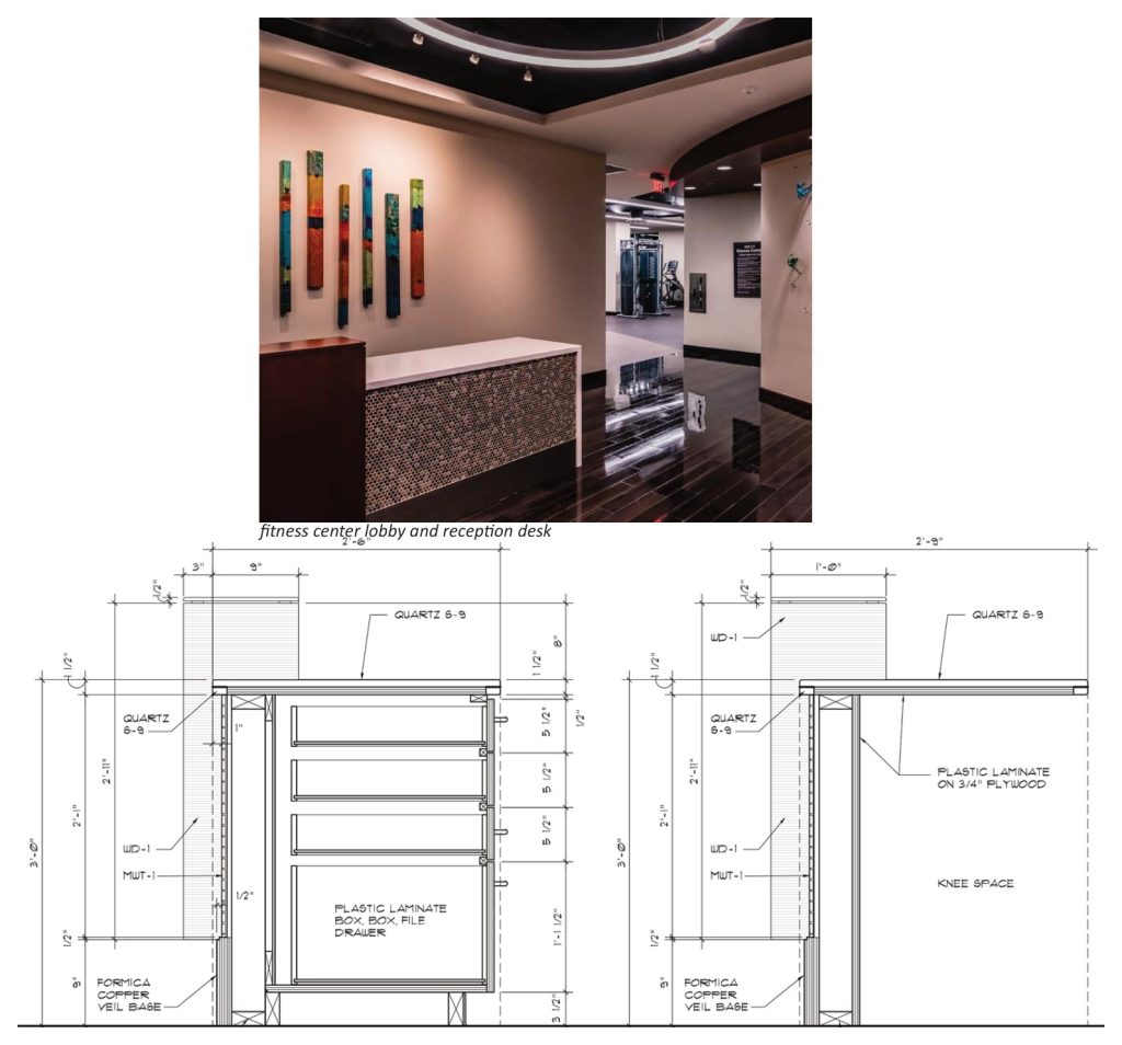 Fitness center reception desk with millwork detail drawings